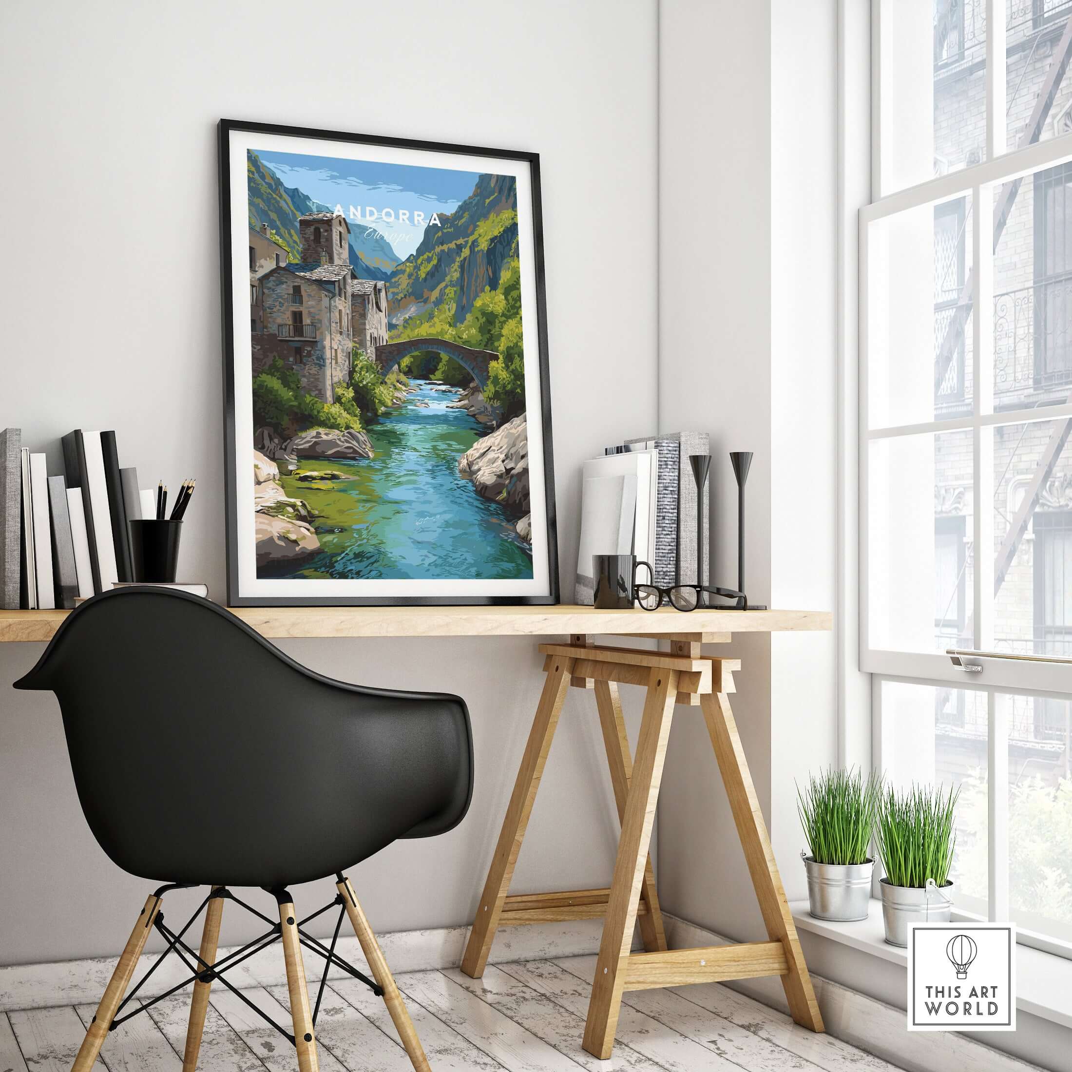 Andorra Poster | European Mountain Valley Decor displayed in a modern room with a desk and natural light.