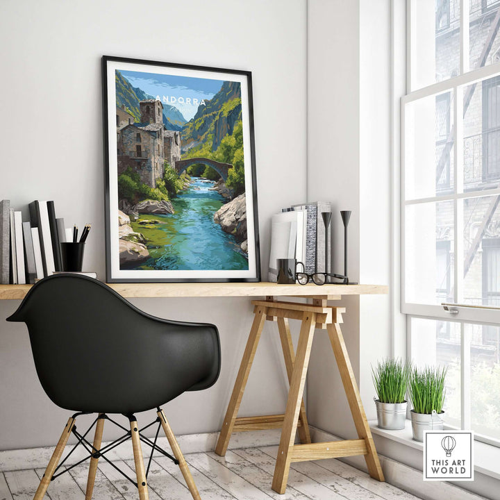 Andorra Poster | European Mountain Valley Decor framed in a stylish interior, showcasing a serene mountain landscape.