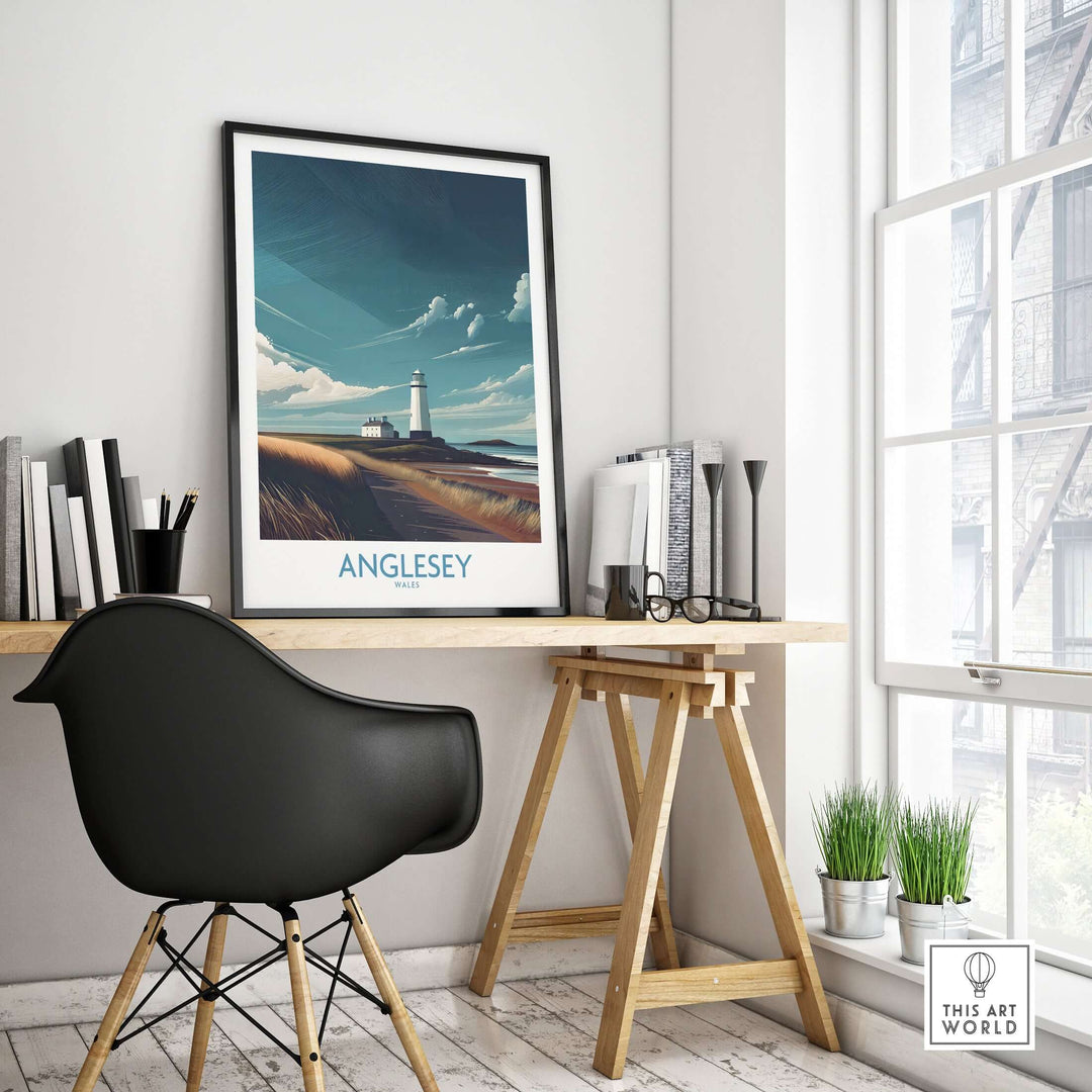 Anglesey Wales seascape poster on a stylish desk, ideal for North Wales travel decor and coastal-themed interiors.