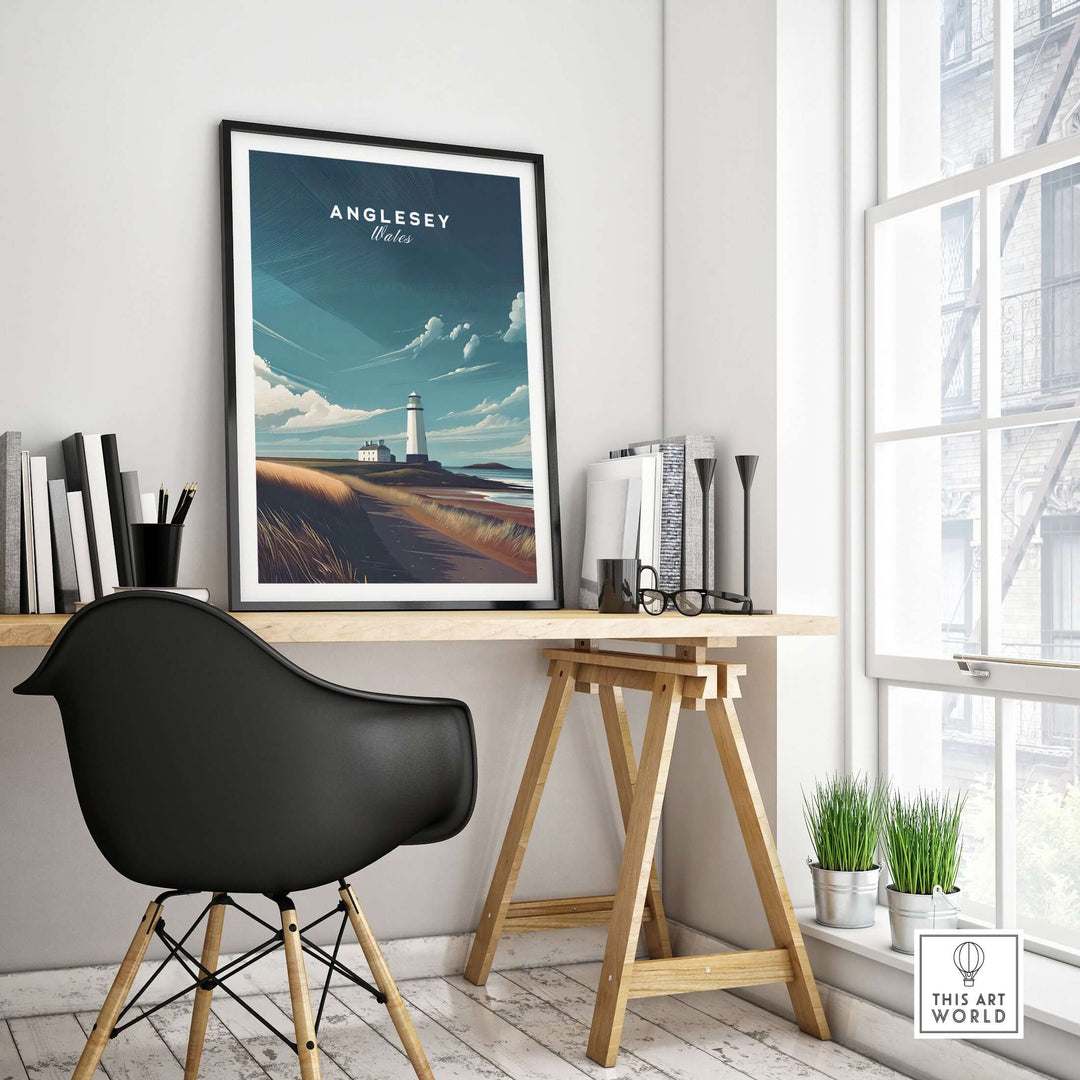 Anglesey Lighthouse Coastal Print in a modern workspace, showcasing Welsh landscape wall art.