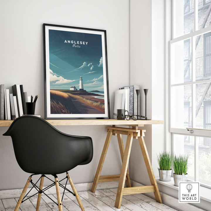 Anglesey Lighthouse Coastal Print in a modern workspace, showcasing Welsh landscape wall art.