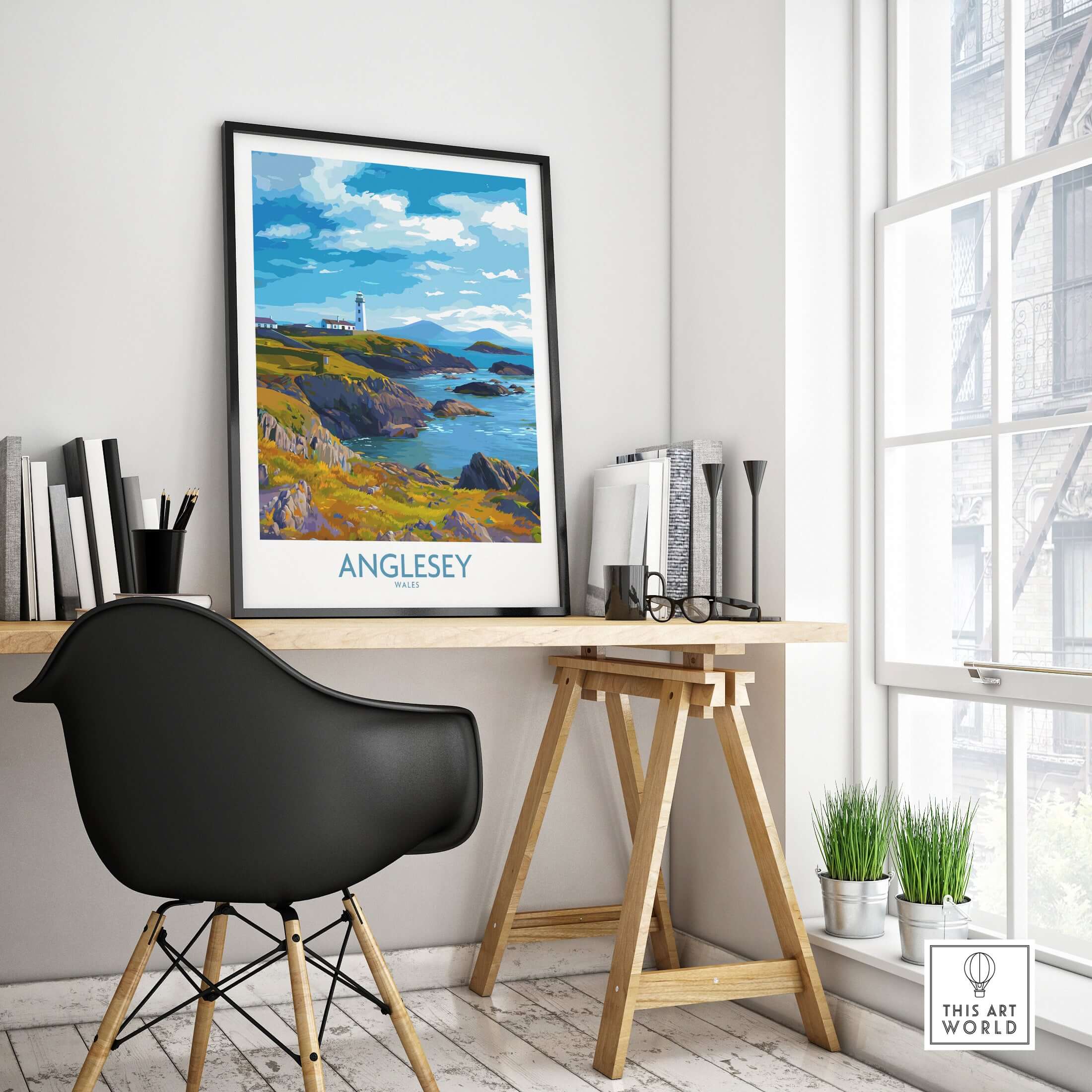 Anglesey Wales Print Grassy Cliffs Landscape - Welsh Island Travel Decor showcased in a stylish home office.