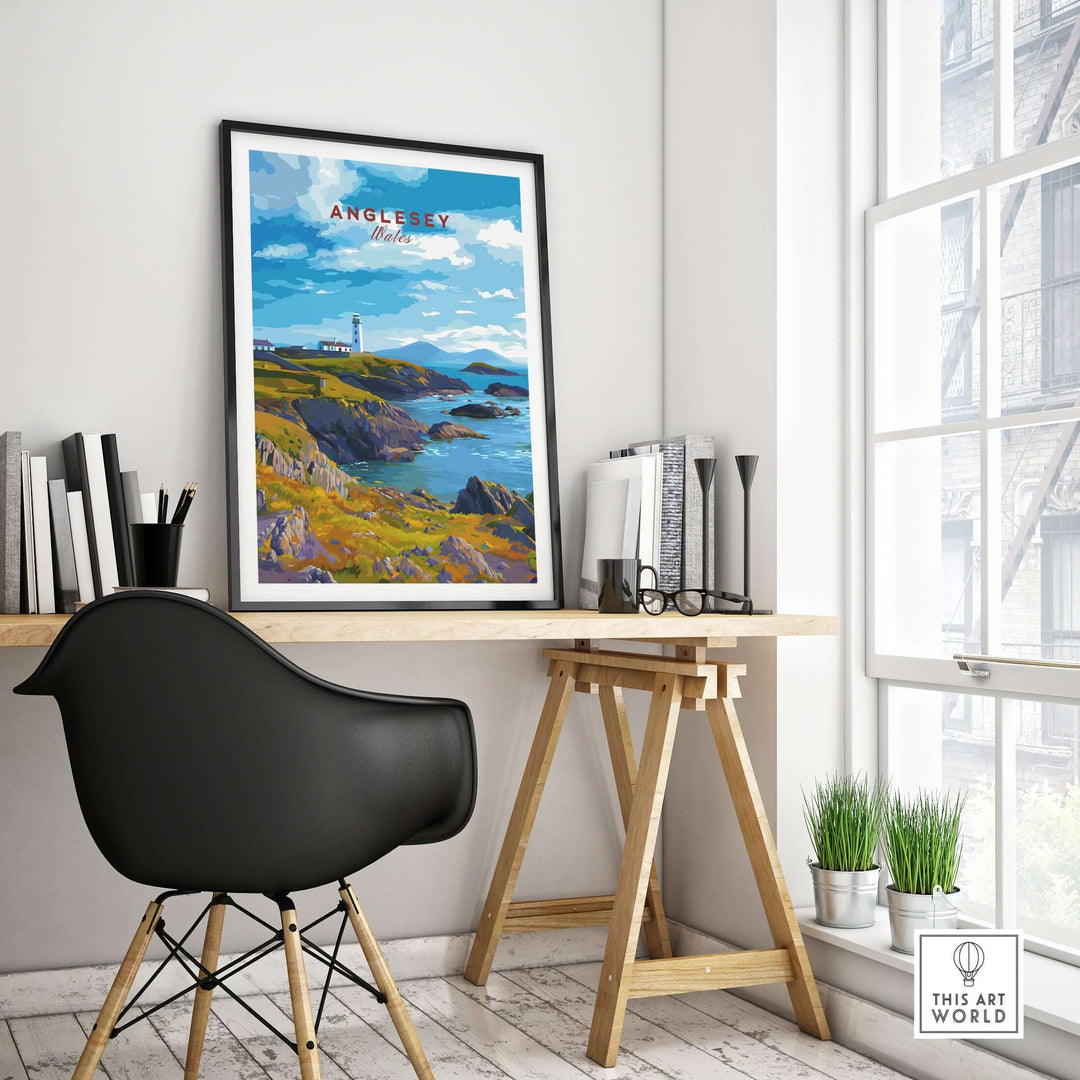 Anglesey Wales poster of rugged coast and lighthouse in a modern workspace setting, showcasing Celtic sea wall art.