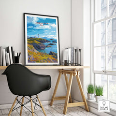 Anglesey Wales Poster Rocky Coast Lighthouse - Celtic Sea Wall Art displayed in a stylish interior setting.