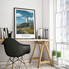Anglesey Wales Scenic Seascape Poster - Welsh Lighthouse Decor displayed in a modern workspace.