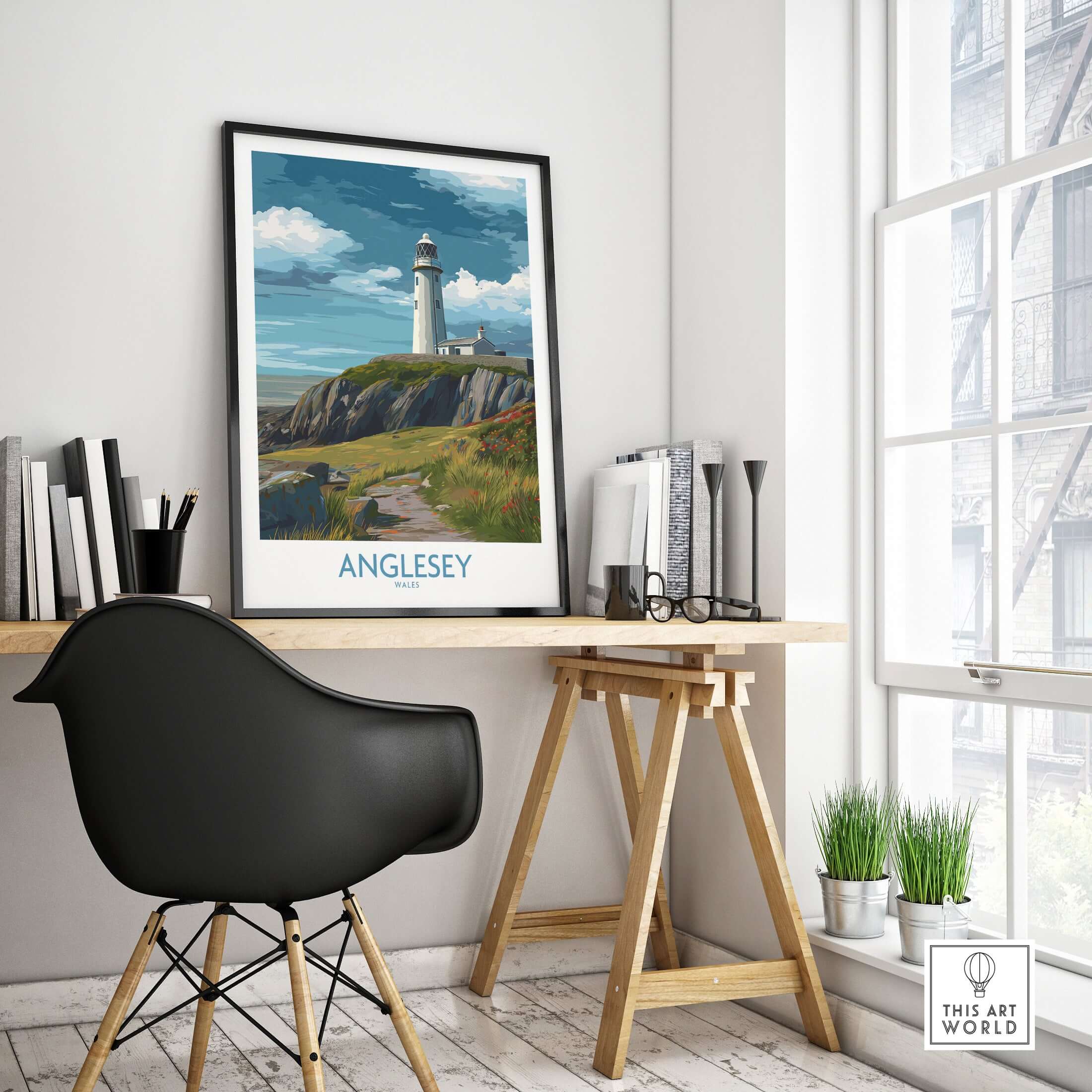 Anglesey Wales Scenic Seascape Poster - Welsh Lighthouse Decor displayed in a modern workspace.