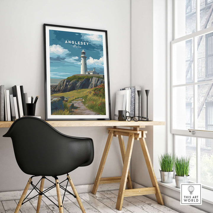 Anglesey Wales lighthouse print on cliffs, coastal path wall art in stylish interior setting.