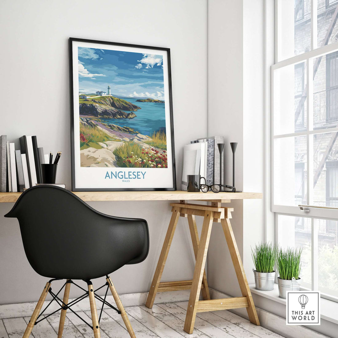 Anglesey Wales Seaside Blossom print in modern home office decor, showcasing vibrant coastal landscape and floral details.