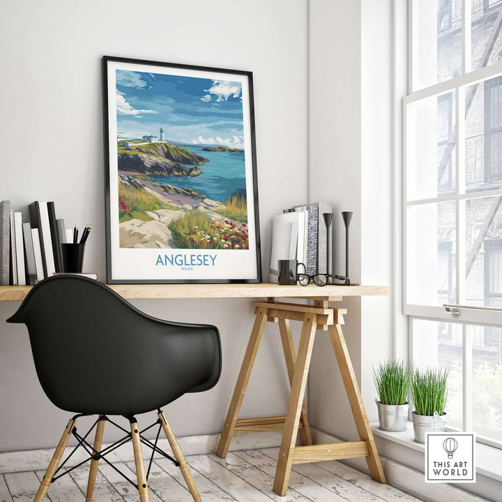 Anglesey Wales Seaside Blossom print in modern home office decor, showcasing vibrant coastal landscape and floral details.