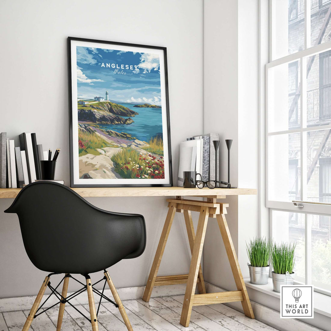 Anglesey Wales wildflowers lighthouse poster hanging in a stylish coastal-inspired workspace.