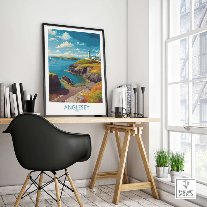 Anglesey Wales ocean view travel poster on a desk, showcasing stunning Welsh seaside decor.