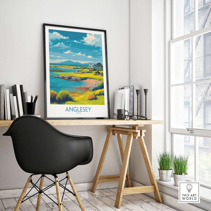 Anglesey Wales Tranquil Bay poster in a stylish home office, showcasing serene landscapes and calming vibes.