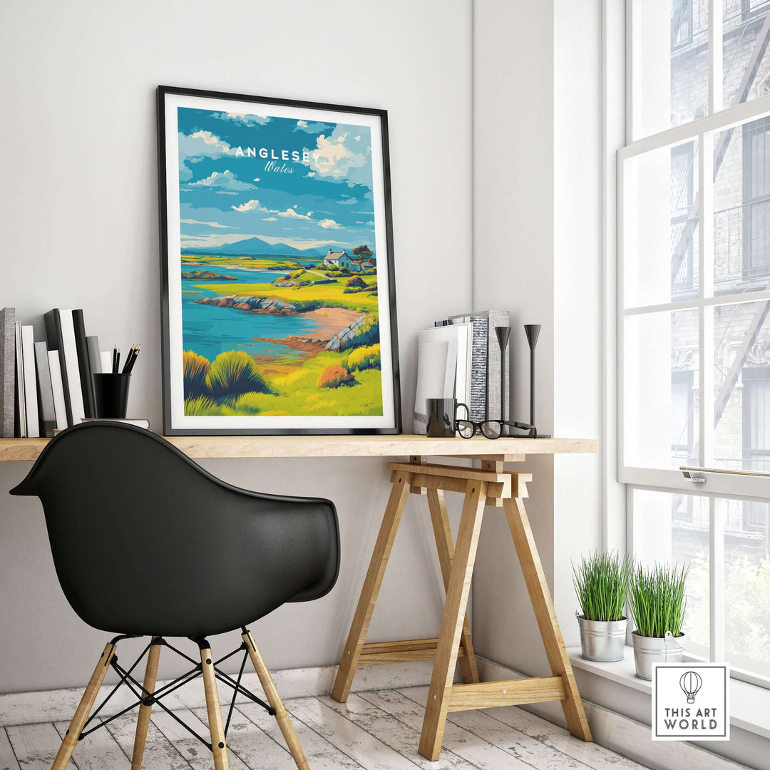 Anglesey Wales green coastline print displayed in a stylish home office setting, showcasing rural landscape artistry.