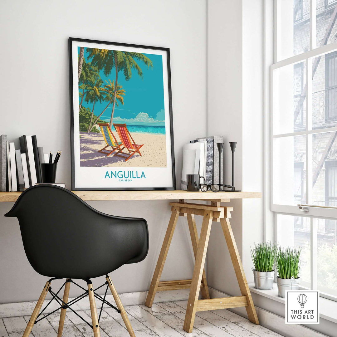 Anguilla Caribbean sunset poster in a stylish office setting with colorful beach chairs and tropical decor.