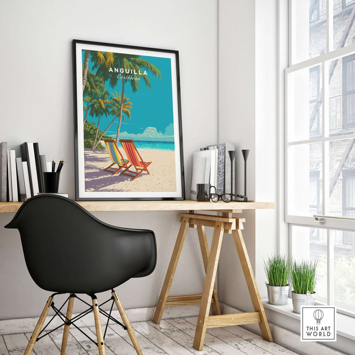 Anguilla Caribbean wall art print of beach chairs and palm trees, adding tropical vibes to home decor.