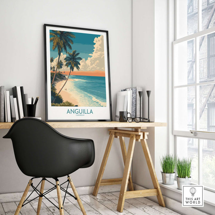 Anguilla Caribbean poster displayed in a modern workspace, showcasing tropical beaches and palm trees.