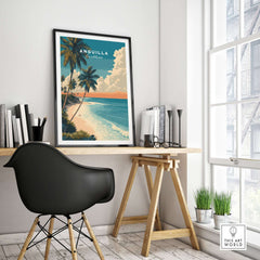 Anguilla Poster Caribbean Beach Wall Art displayed in a modern office with stylish decor and natural light.
