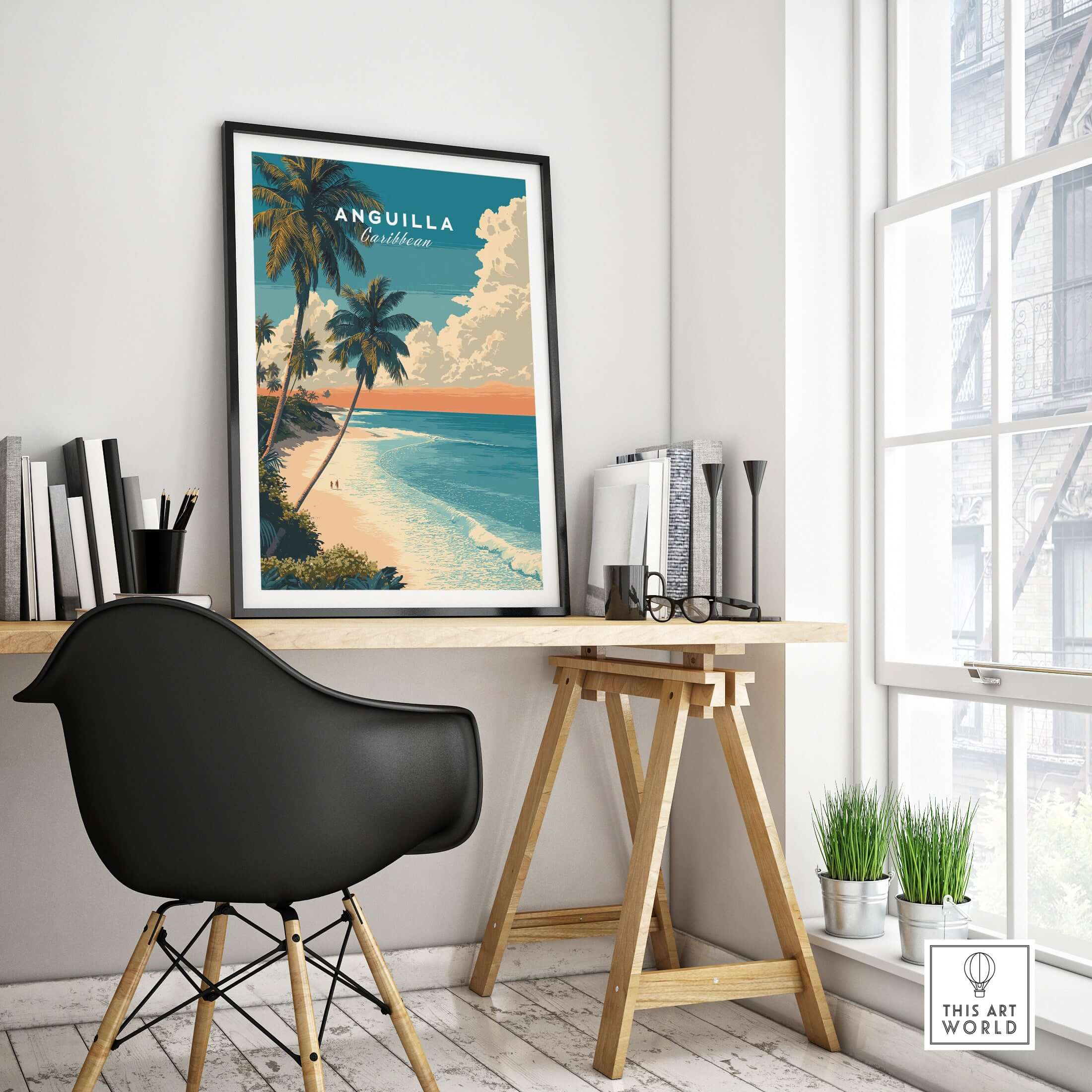 Anguilla Poster Caribbean Beach Wall Art displayed in a modern office with stylish decor and natural light.