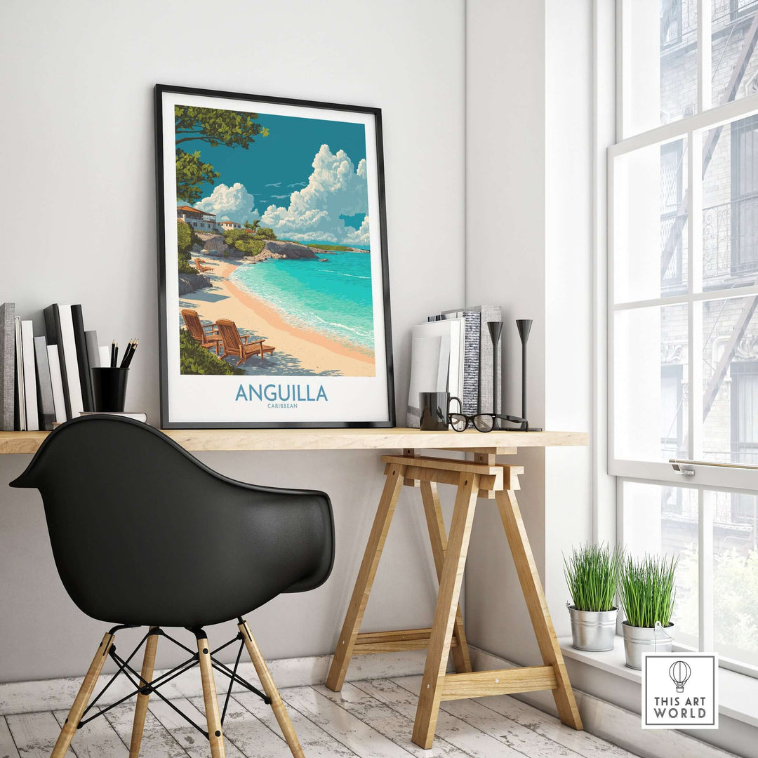 Anguilla print Caribbean wall art displayed in a modern workspace, showcasing serene beaches and tropical vibes.