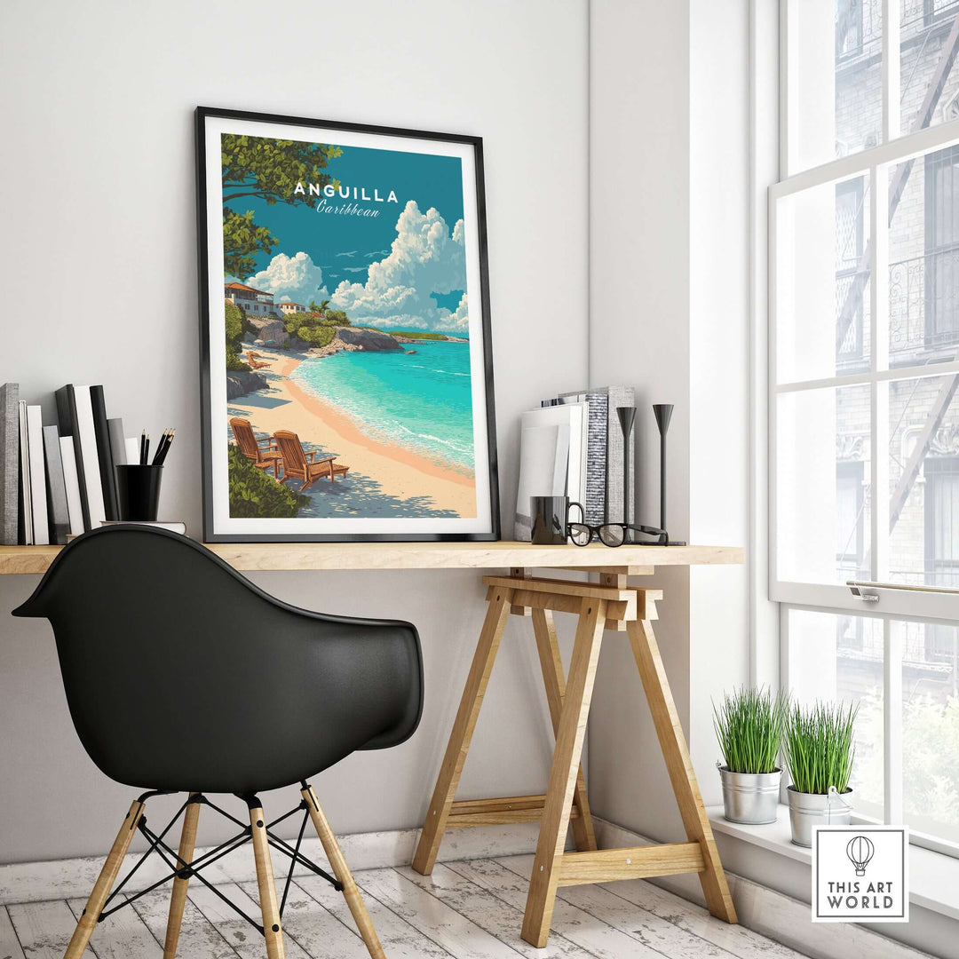 Anguilla Caribbean beach print showcased in a stylish home office setting with vibrant coastal colors.