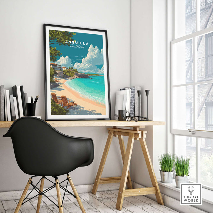 Anguilla Caribbean beach print showcased in a stylish home office setting with vibrant coastal colors.