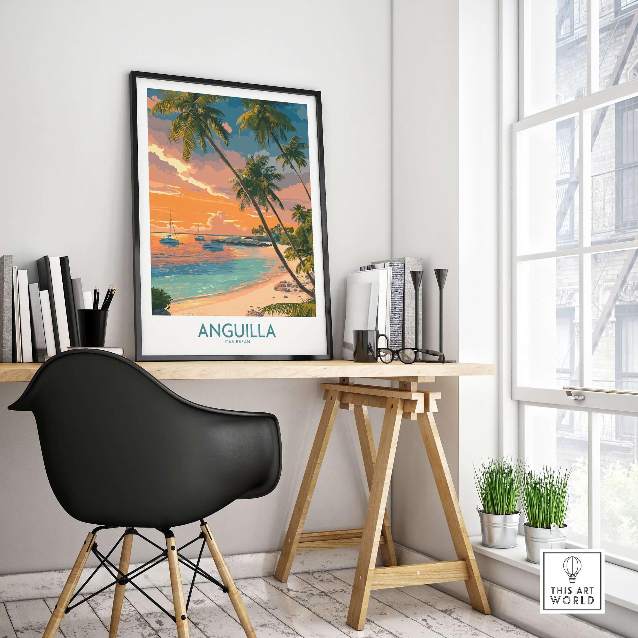 Anguilla Caribbean Print - Caribbean Seascape Wall Art in a stylish home office setting.