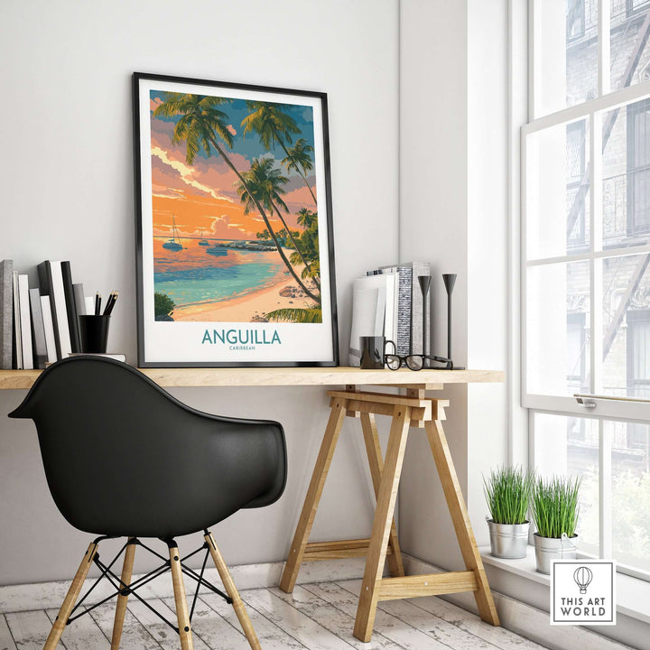 Anguilla Caribbean print seascape wall art showcasing a sunset over tranquil waters and palm trees in a stylish home setting.