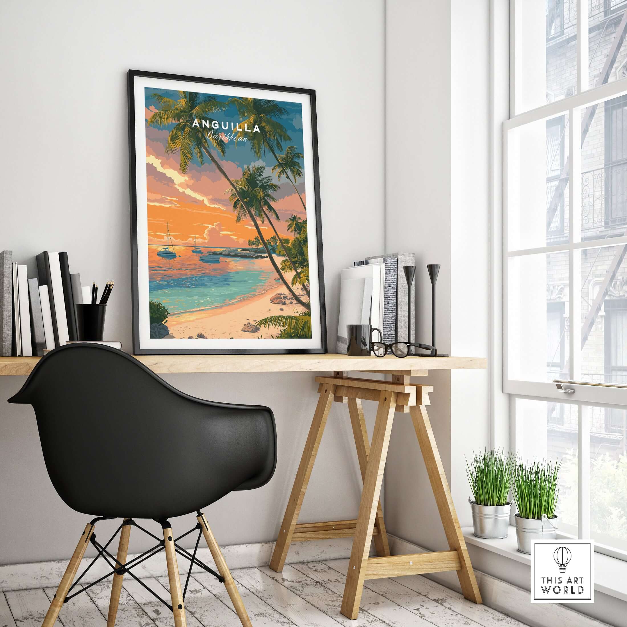 Anguilla Poster Caribbean Sunset Poster - Vibrant Beach Scene Art displayed in a modern workspace with natural light.