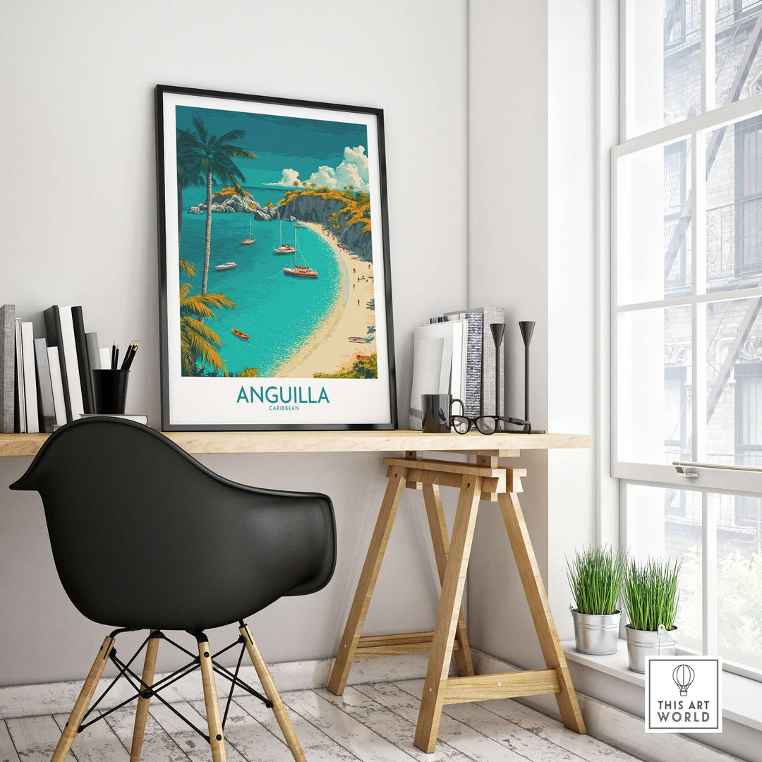 Anguilla Caribbean beach poster on a wall in a stylish home office setting with a black chair and plants.