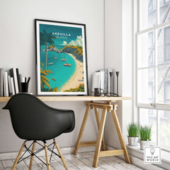 Anguilla Travel Poster -  Caribbean Wall Art displayed in a chic home office setting with stylish furniture.