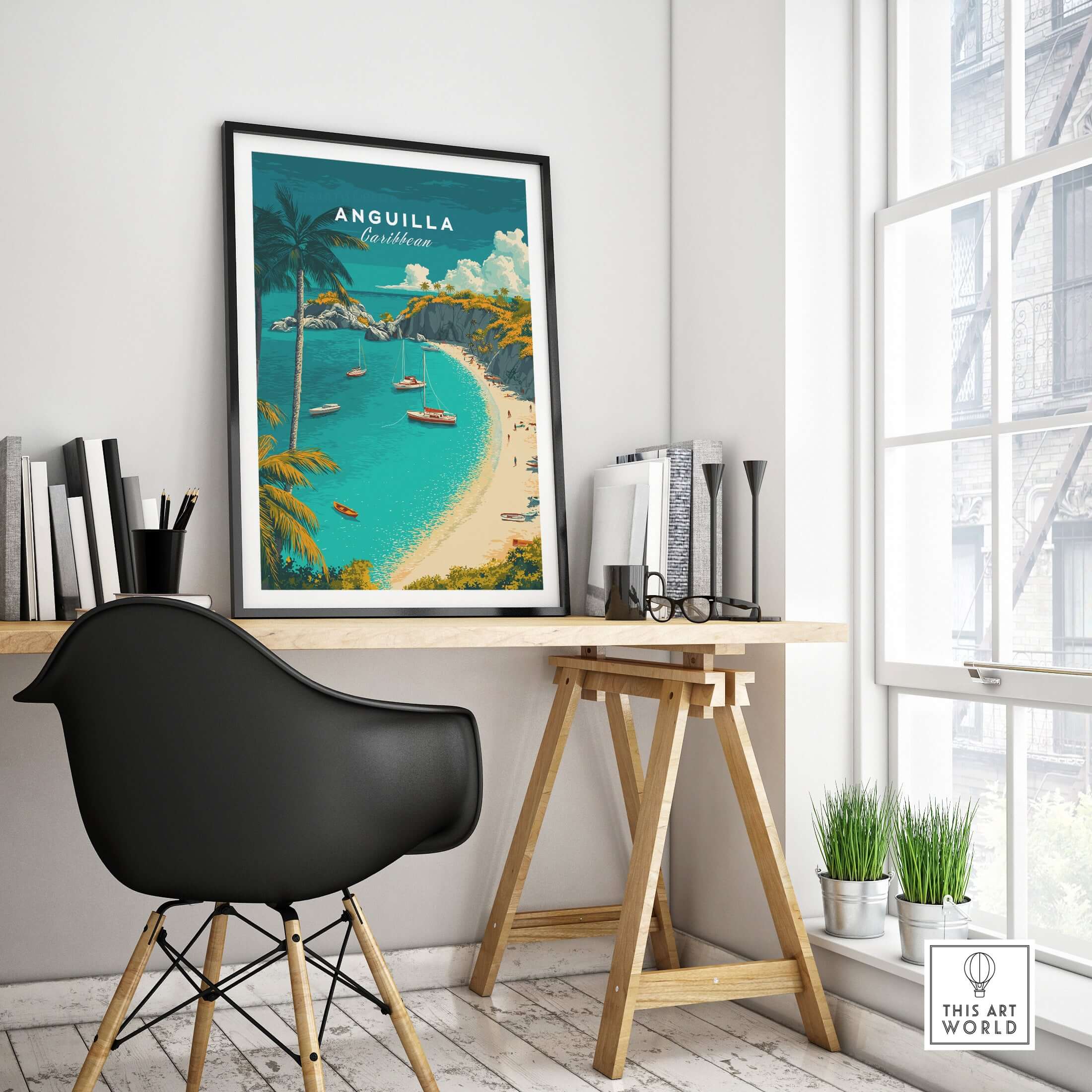 Anguilla Travel Poster -  Caribbean Wall Art displayed in a chic home office setting with stylish furniture.