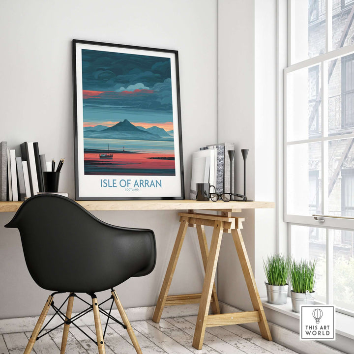 Isle of Arran coastal seascape poster displayed in a stylish workspace with modern decor.