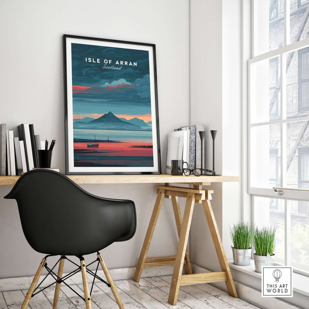 Isle of Arran print featuring a dramatic sunset over Scottish mountains in a modern home office setting.