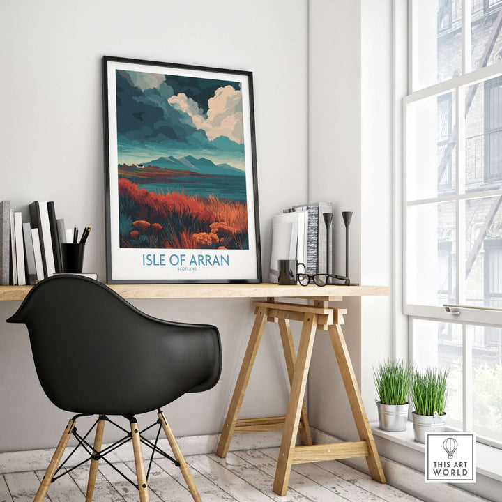 Isle of Arran poster showcasing a stormy sky landscape in a modern workspace setting.