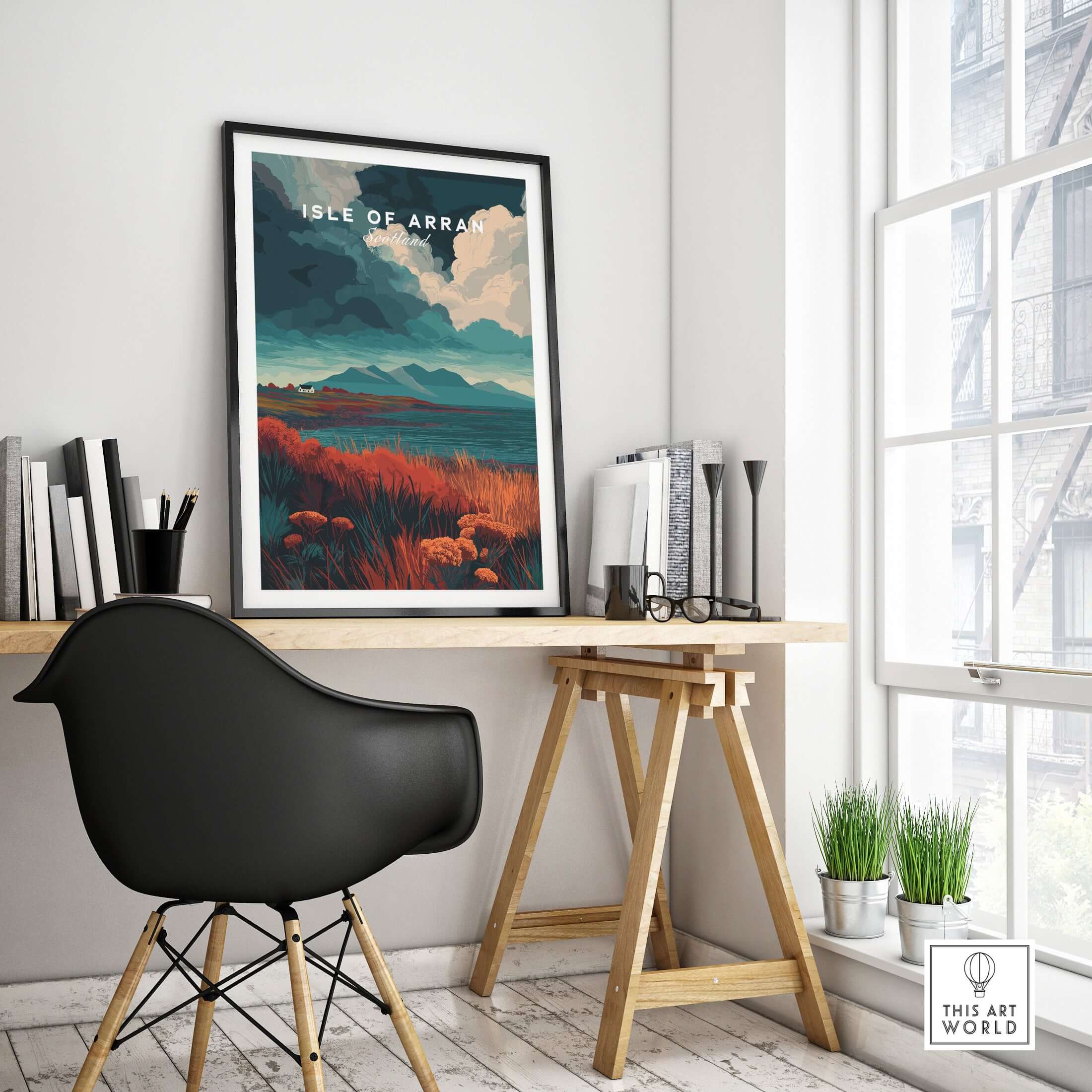 Isle of Arran Scotland Wall Art - Rugged Scottish Highlands Print displayed in a modern room with desk and chair.