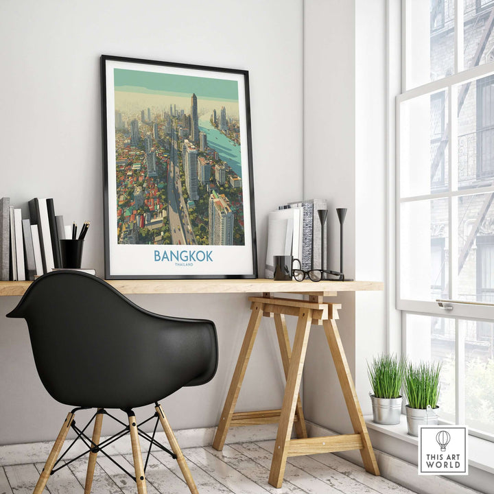 Modern city view wall art of Bangkok, Thailand, displayed in a contemporary office setting.