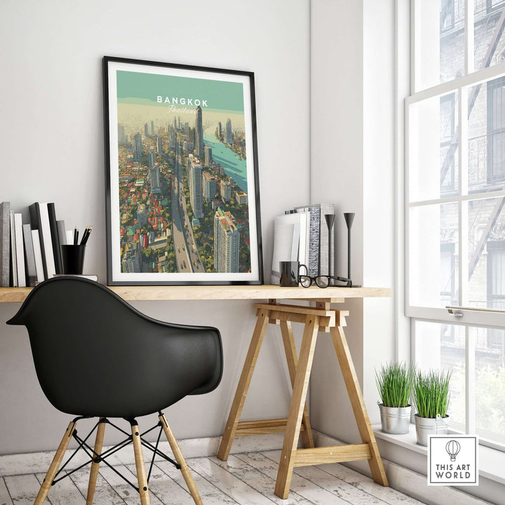 Bangkok city skyline poster displayed in modern workspace, highlighting urban landscape and architecture.