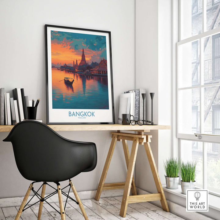 Bangkok riverboat poster at dusk in stylish home office decor with black chair and natural light.