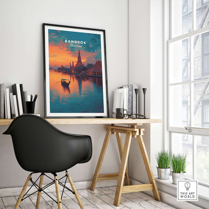 Wat Arun sunset reflection print in modern office decor, showcasing Bangkok's cultural beauty.
