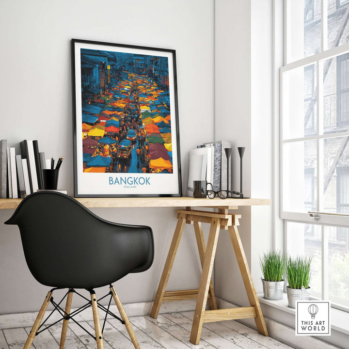 Bangkok market vendors wall art in a stylish workspace, showcasing colorful market scenes and Thai culture.