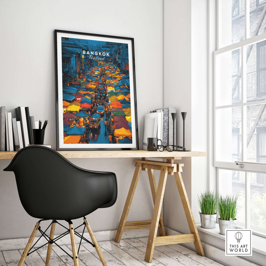Overhead poster of Bangkok night market showcasing colorful stalls and bustling street scene in a modern workspace.