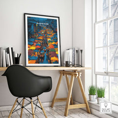 Bangkok Thailand Night Market Overhead Poster - Bustling Street Scene Print displayed in a modern interior with vibrant colors.