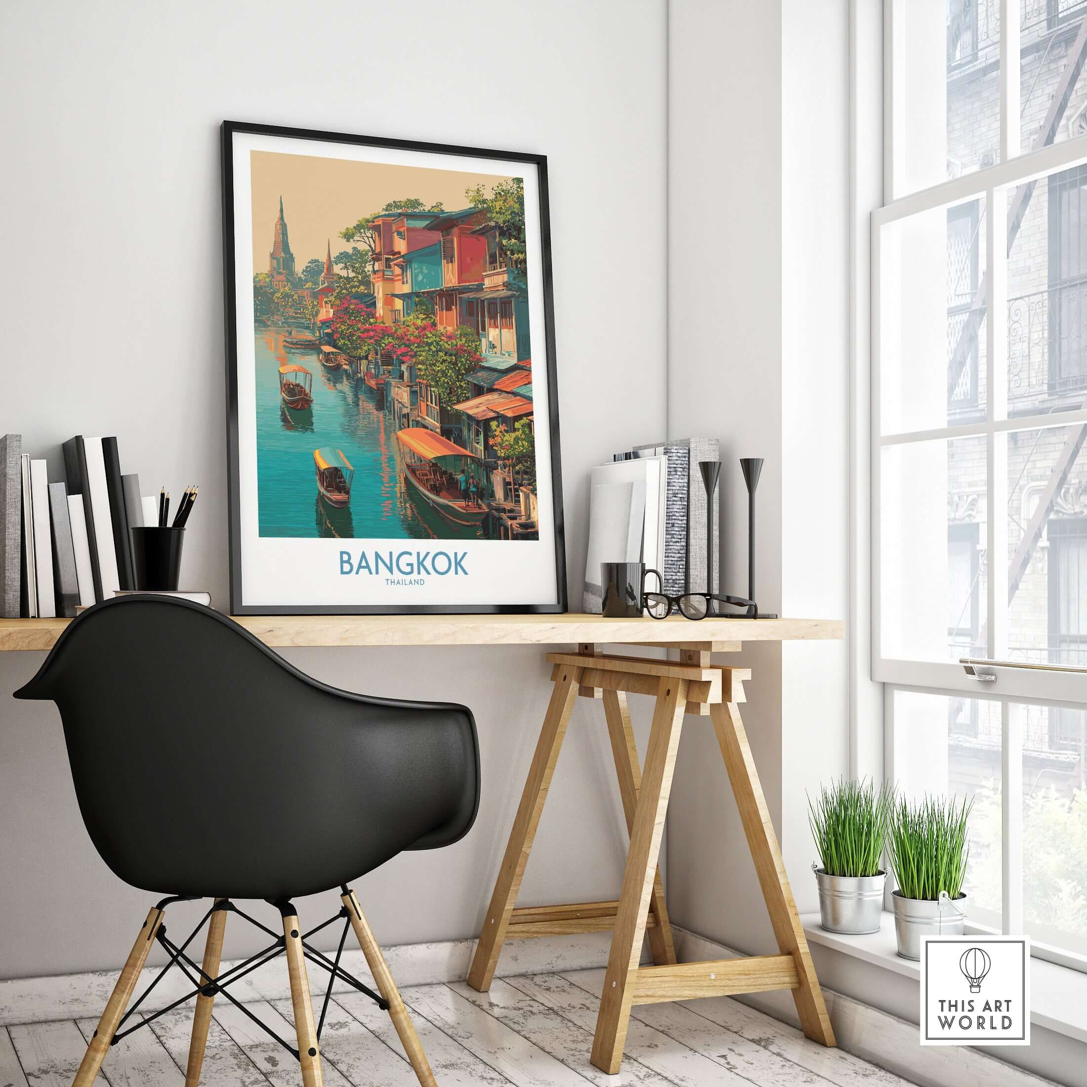 Bangkok Thailand Poster - Floating Market Travel Print displayed in a stylish workspace with black chair and natural light.
