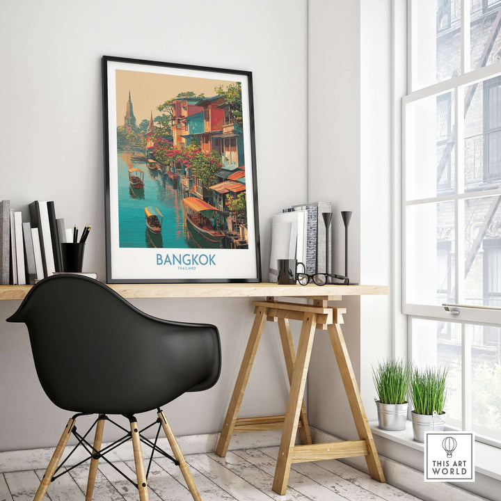 Bangkok Thailand floating market travel poster displayed on a modern desk in a stylish home office.