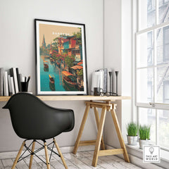 Bangkok Thailand Klong Canal Houses Print - Traditional Thai Village Wall Art in a modern workspace setting.