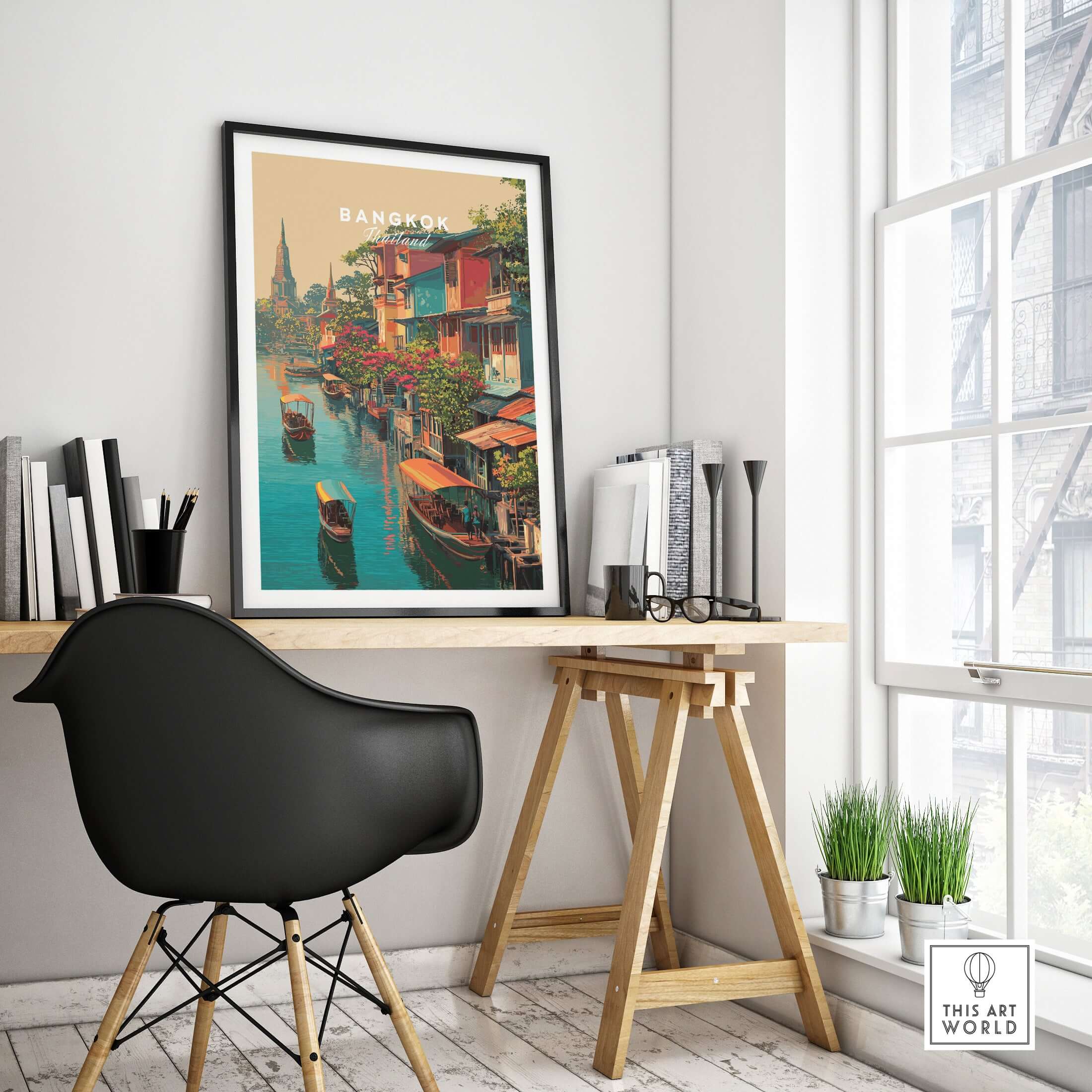 Bangkok Thailand Klong Canal Houses Print - Traditional Thai Village Wall Art in a modern workspace setting.