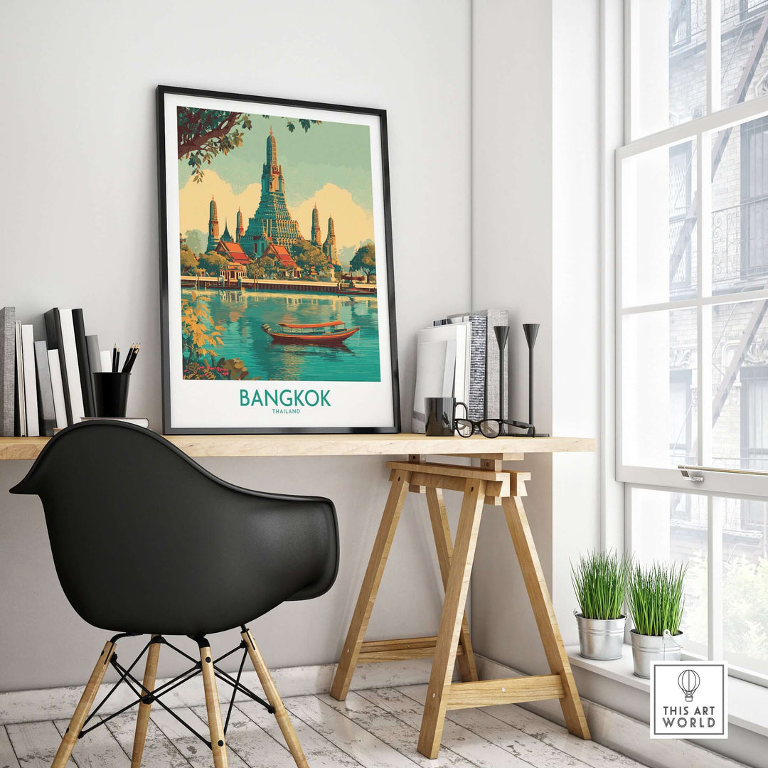 Bangkok temple wall art poster showcasing Thai architecture in a stylish home office setting.