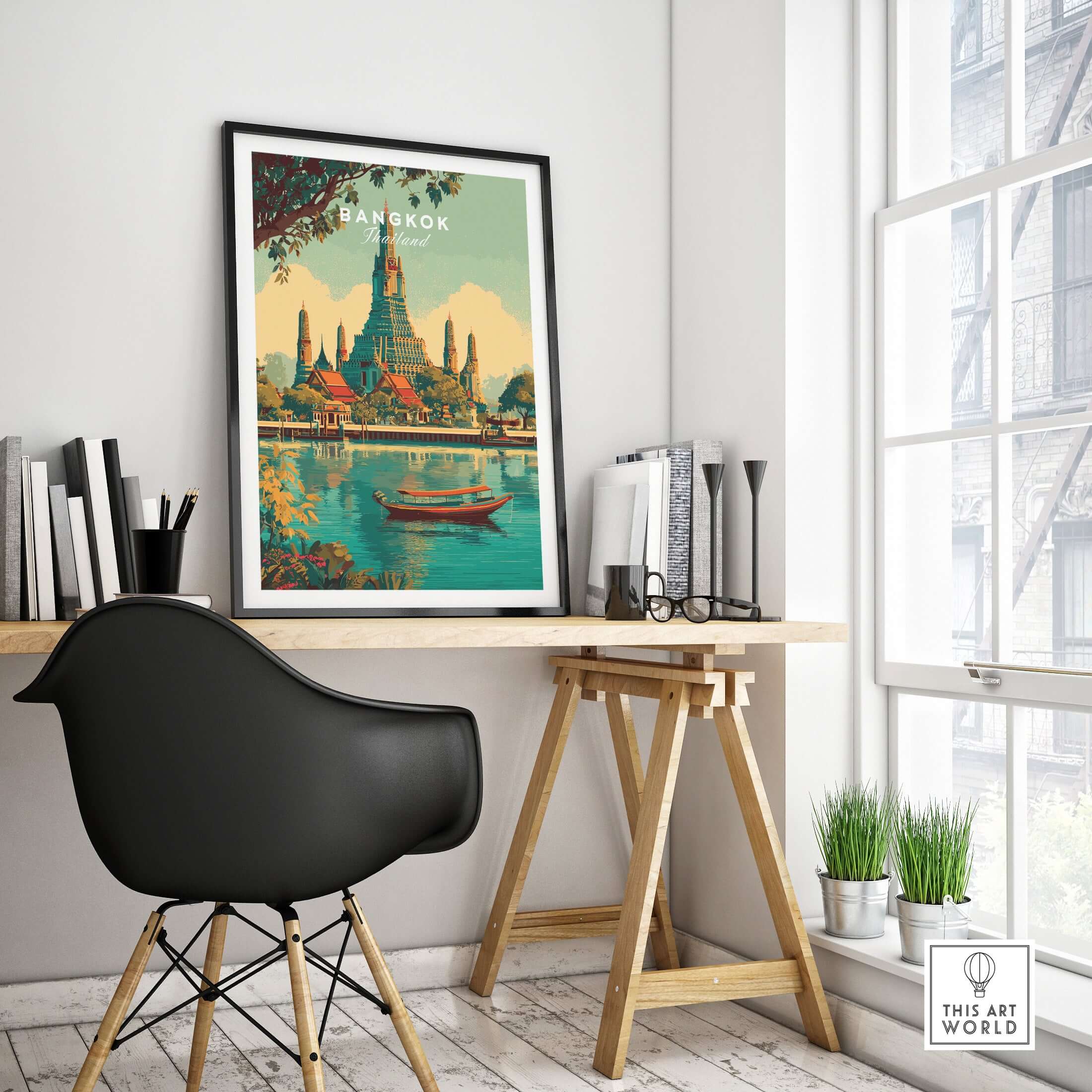 Bangkok Poster Thailand Wat Arun River Scene Print - Grand Temple Wall Art displayed in a modern workspace.