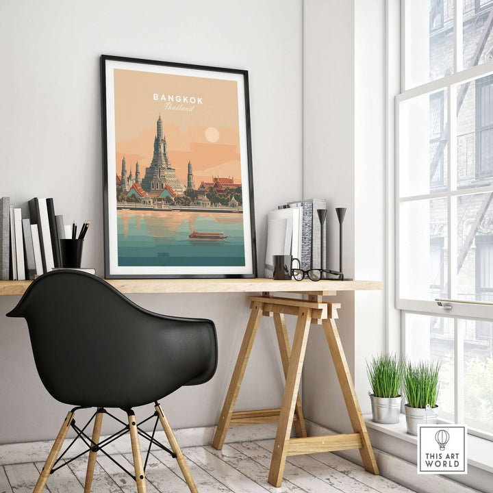Bangkok print of Wat Arun Temple over Chao Phraya River, displayed in a modern interior setting.