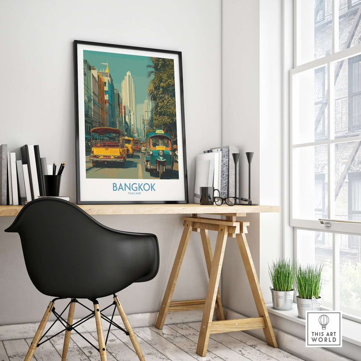 Bangkok wall art featuring vibrant street life and tuk tuks, perfect for home or office decor.